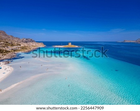 Drone view of La Pelosa beach in Stintino, Sardinia Royalty-Free Stock Photo #2256447909