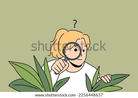 Curious young woman with magnifying glass hide in bushes spy after people or neighbors. Suspicious girl feel confused and doubtful look with magnifier. Vector illustration.  Royalty-Free Stock Photo #2256448637