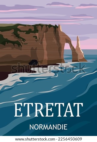 Travel poster Etretat France, vintage seascape rock cliff Royalty-Free Stock Photo #2256450609