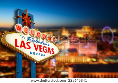 Welcome to Never Sleep city Las Vegas, Nevada Sign with the heart of Las Vegas scene in the background. (all logo had been removed).  Royalty-Free Stock Photo #225645841