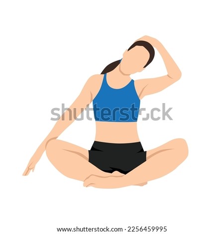 Woman doing meditating and seated stretching neck to the side. Release neck and shoulder tension. Flat vector illustration isolated on white background. Royalty-Free Stock Photo #2256459995