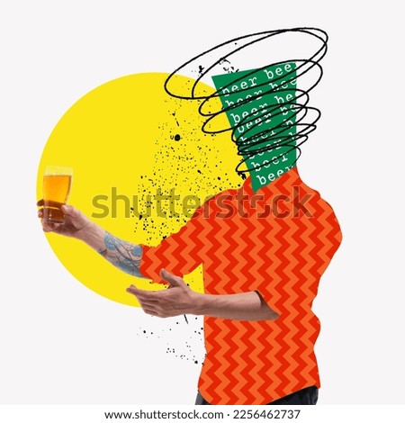 Beer degustation. Man in bright shirt holding glass with lager foamy beer. Modern design, contemporary art collage. Inspiration, idea, trendy urban magazine style. Copy space for ad, text