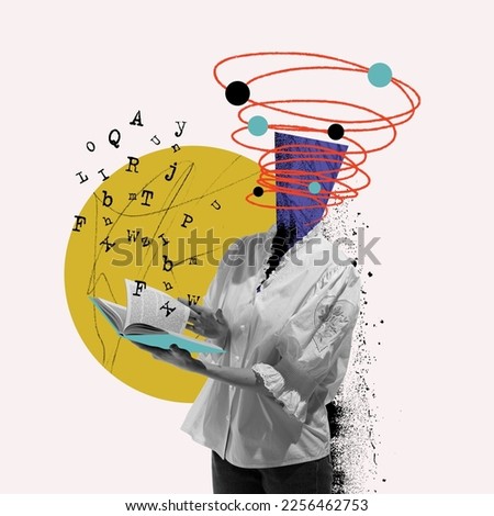 Learning activity. Woman in shirt reading book. Endless education, studying. Modern design, contemporary art collage.. Inspiration, idea, trendy urban magazine style. Copy space for ad, text