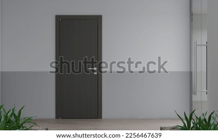 Door with steel door. Door handle on wood oak door panel. Royalty-Free Stock Photo #2256467639