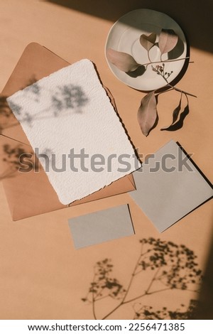Blank wedding invitation cards mockups. Cotton rag deckle edge handmade paper. Minimal and modern wedding stationery.
