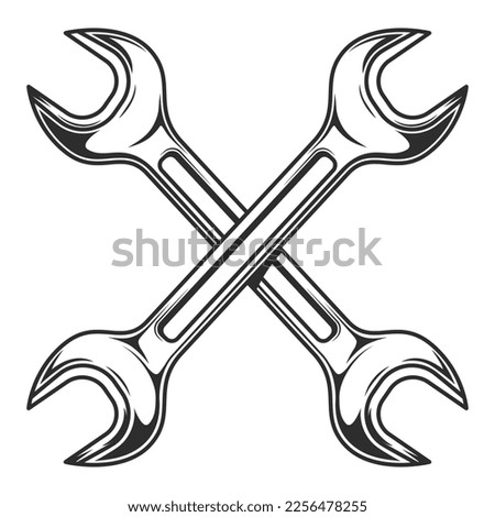 Vintage body shop service car and truck mechanic repair tool crossed wrench or construction for gas and builder plumbing pipe key illustration Royalty-Free Stock Photo #2256478255