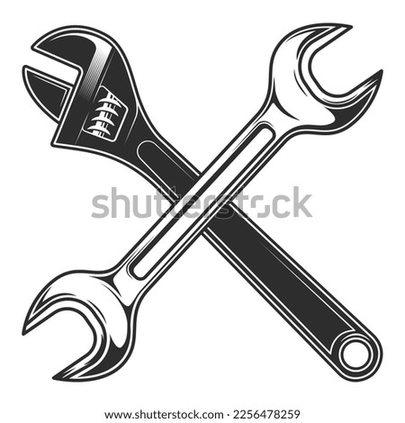 Vintage body shop service car and truck mechanic repair tool crossed wrench or construction for gas and builder plumbing pipe adjustable wrench illustration Royalty-Free Stock Photo #2256478259