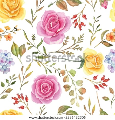 Seamless pattern with rose and leaves.Seamless watercolor floral pattern, the floral pattern for wallpaper or fabric, wrappers, postcards, greeting cards, wedding invitations. Flower rose