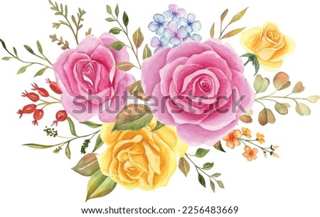 Watercolor floral arrangement, watercolor flower bouquet, rose pink and yellow for wedding, greetings, wallpapers, backgrounds, cards Royalty-Free Stock Photo #2256483669