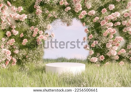 Natural beauty podium backdrop with spring flower field. 3d rendering.