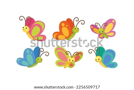 Cartoon butterfly vector collection with flat style. Illustration of butterfly with colorful various style with beautiful smiling. Set of Butterfly clipart isolated.
