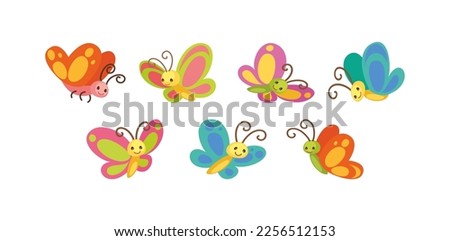 Set of smiling butterfly clipart with various colors. Vector illustration of butterfly cartoon collection on white background. Flying butterfly isolated set.