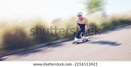 Motion blur, skating and mockup with a sports man training outdoor on an asphalt street at speed. Skateboard, fast and mock up with a male skater on a road for fun, freedom or balance outside