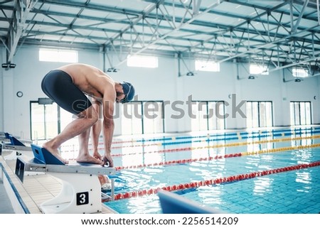Sports, swimming and man on podium by pool for training, exercise and workout for competition at gym. Fitness, wellness and professional male swimmer ready for dive, jump and race on diving board