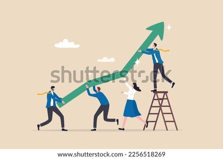 Team growth, teamwork to help improve working and achieve success, work together or cooperate to increase efficiency concept, business people help pushing green graph and chart arrow rising up. Royalty-Free Stock Photo #2256518269