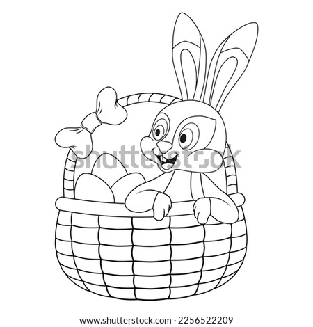 Coloring page with colorless cartoon Hare. Template of coloring book with Bunny sitting in basket full of decorated eggs. Practice worksheet or Anti-stress page for kids. Logic outline education game.