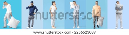 Collage of people in pajamas, with sleep masks, pillows and cup of coffee on blue background Royalty-Free Stock Photo #2256523039
