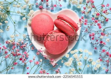 Heart-shaped plate with tasty macaroons  and beautiful gypsophila flowers on blue background. Valentine's Day celebration