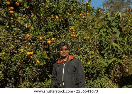A young male solo traveler taking photo or posing with famous Darjeeling oranges