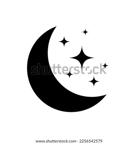 Moon with stars in night sky. Black moon and star light isolated on white background. Simple celestial shapes. Silhouette graphic elements. Icon sleep. Half moon with star. Vector illustration