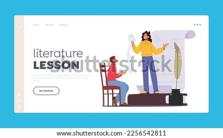Literature Lesson Landing Page Template. Poet Girl Reading Poem to Listener. Inspired Creative Female Character Presenting Poetries on Event for Artists. Cartoon People Vector Illustration