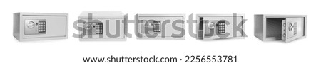 Steel safe on white background, view from different sides Royalty-Free Stock Photo #2256553781