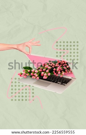 Composite collage picture image of woman hand opening laptop spring pink flowers 8 march present online order delivery bouquet feminine