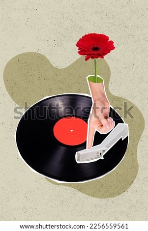 Vertical creative collage image of hand retro vintage vinyl recorder hand gerbera flower finger point touch meloman 70s 80s music lover Royalty-Free Stock Photo #2256559561