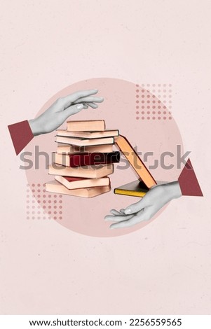 3d retro abstract creative artwork template collage of hand bookstore book pile stack college university student woman advertising sales
