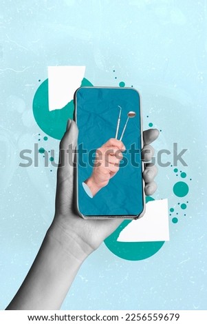 Composite collage image of hand holding device gadget screen display dentist tools healthy teeth equipment stomatology medicine online