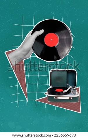 Creative trend collage of arms holding vinyl retro vintage record music 70s 80s meloman lover surrealism, template metaphor psychedelic Royalty-Free Stock Photo #2256559693