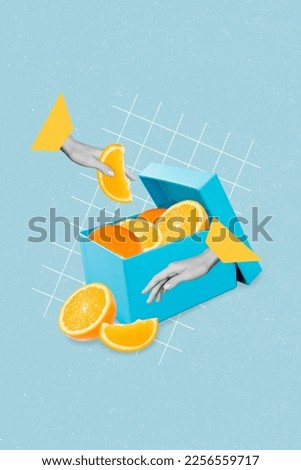 Vertical collage image of black white gamma hands hold touch opened box orange fruit slices isolated on drawing background