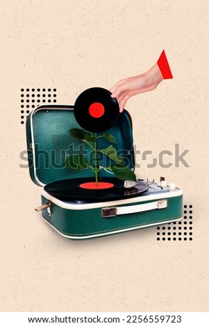Composite collage image of hand holding growing retro vintage vinyl record leaves plant gramophone music 70s 80s lover party disco ecology