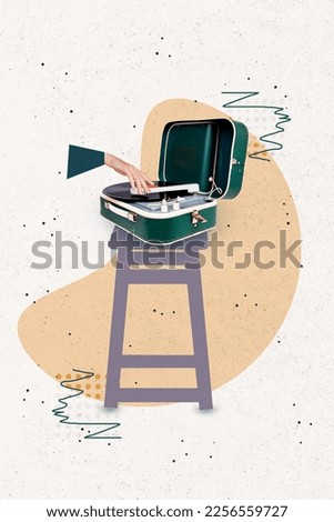 Creative abstract template collage of retro vintage vinyl recorder gramophone chair bar cafe 70s 80s music lover inspiration nostalgia Royalty-Free Stock Photo #2256559727