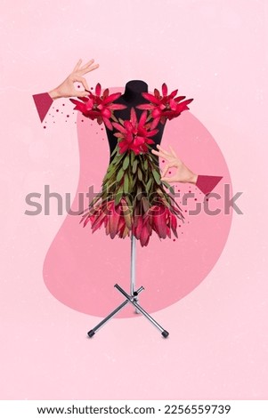 Composite collage picture image of woman hands sew handicraft stylist designer flower spring dress fashion fashionista style blooming