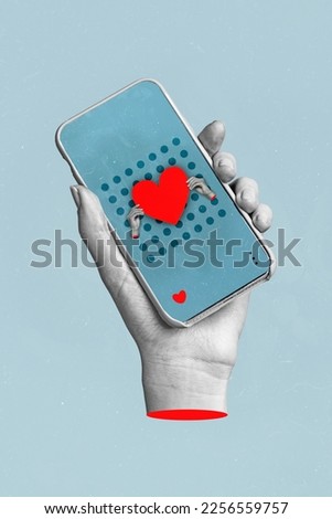 Vertical collage image of black white effect arm hold telephone heart like notification screen instagram telegram facebook Royalty-Free Stock Photo #2256559757