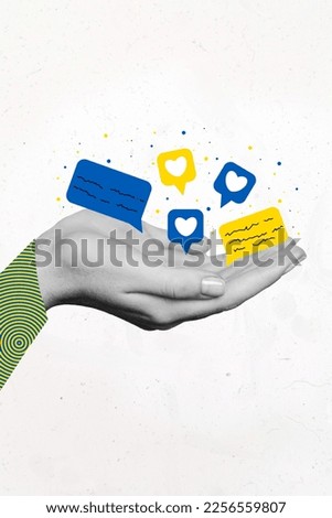Vertical collage image of black white colors arms palms hold message like notification support ukraine isolated on creative background Royalty-Free Stock Photo #2256559807
