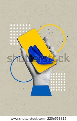 3d retro abstract creative artwork template collage of woman hand hold device support ukrainian products shoe social media online shopping