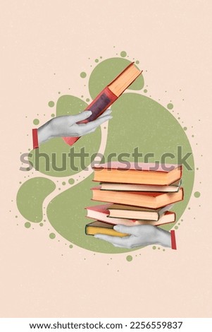 Vertical collage image of two black white arms hold pile stack book isolated on painted creative background