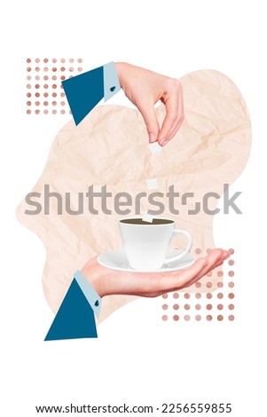 Composite collage picture image of elegant man gentleman hands holding coffee tea cup add sugar cubes cafeteria throw drinking enjoy