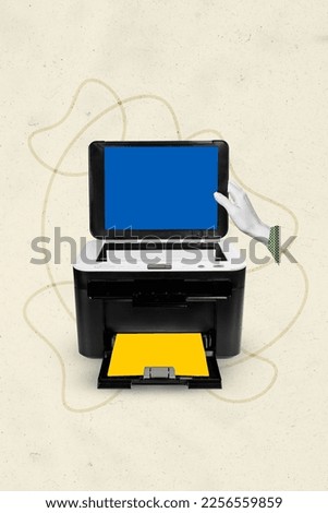 Composite collage picture image of printer scanner fax machine ukrainian flag yellow blue colors support products office copyspace hand
