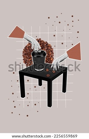 Vertical collage illustration of two black white effect arms touch hold hot fresh coffee cup seeds isolated on creative background