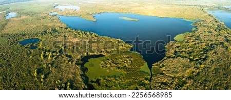 Danube Delta from above. Panoramic aerial view with the amazing Danube Delta landmark from Romania, nature landscapes with water and vegetation.