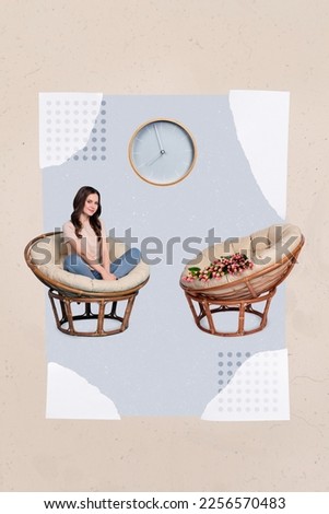 Collage 3d image of pinup pop retro sketch of charming beautiful young woman sitting armchair clock wait date flowers bouquet boyfriend