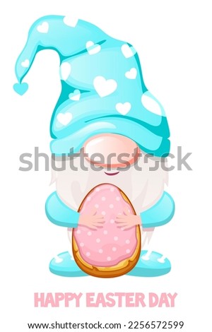 Cartoon cute gnome with easter egg cookies. Postcard banner happy easter day for design. Similar JPG copy