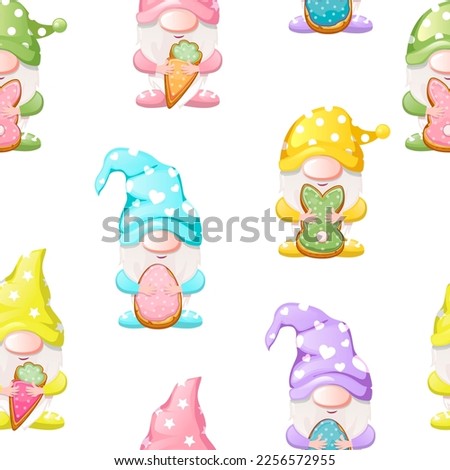 Seamless pattern with cute gnomes for Happy Easter. Texture on a white background with cartoon colorful gnomes for the holiday. Similar JPG copy