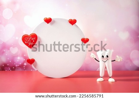 cartoon model of a tooth and hearts on a white circle and a gift box on an abstract background with hearts