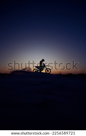 Night, sky and silhouette, person and motorcycle riding in nature, extreme sports on mockup background. Biking, motorbike and person driving on dirt road, dark and shadow, stunt or adventure, freedom