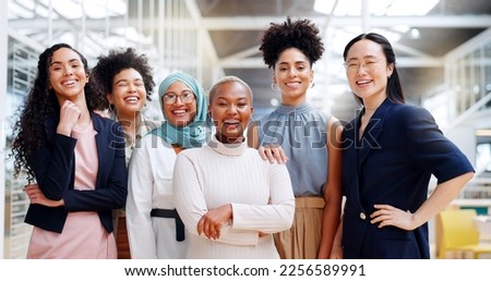 Women, diversity and empowerment, portrait of team in HR department at creative marketing startup company. Teamwork, power and confident group of happy women with smile and leadership human resources Royalty-Free Stock Photo #2256589991