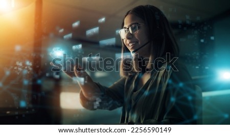 Creative businesswoman, hologram and digital transformation or icons at night in double exposure. Female employee working with big data, research or networking for future innovation in online startup